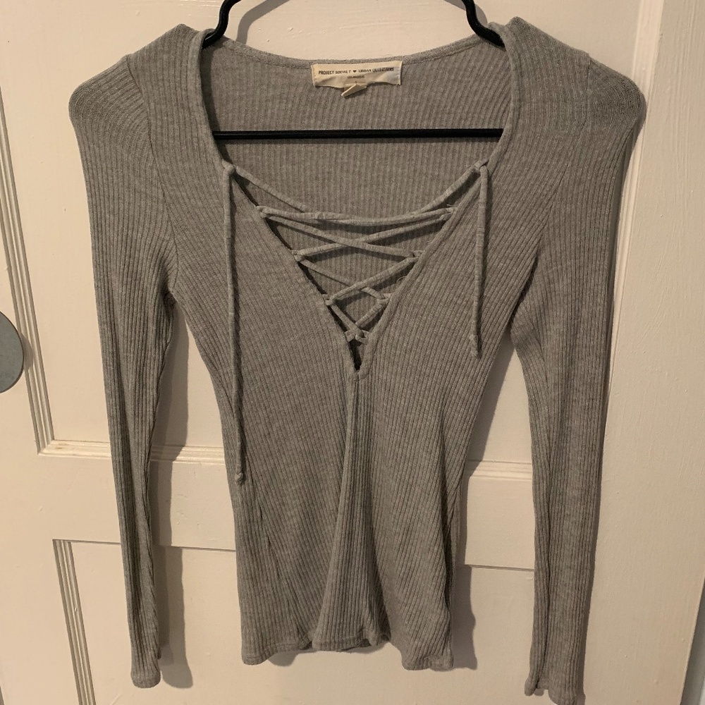 Grey Long Sleeve Lace-Up Top